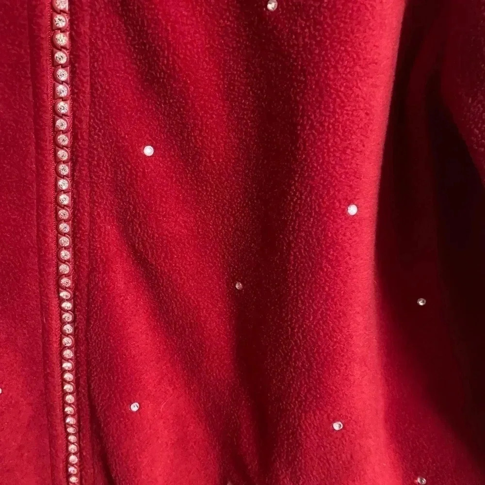 Quacker Factory Fleece Jacket Size XL Red Rhinestones Full Zip Bling - Picture 3 of 8